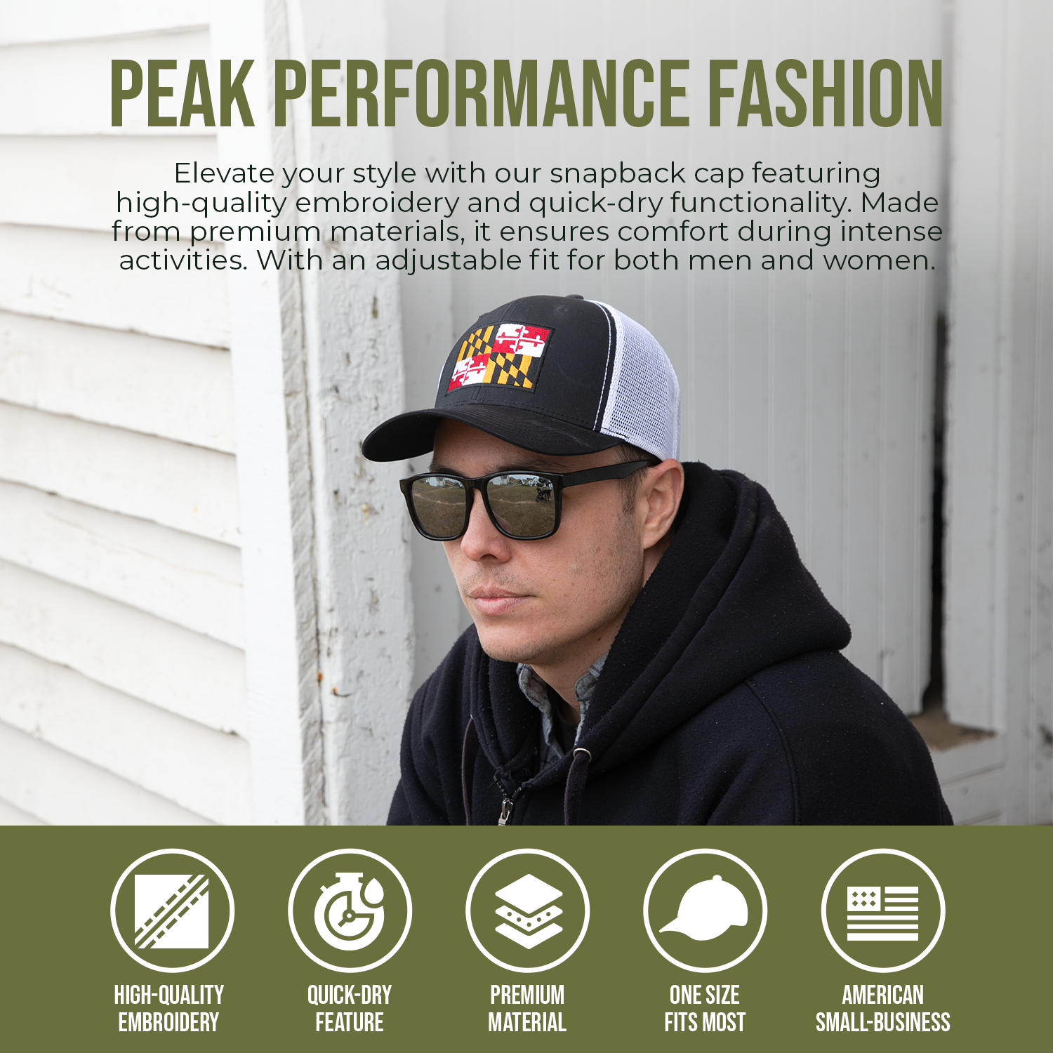 PEAK PERFORMANCE FASHION BANNER 48 - International Tie Maryland Flag Snapback Trucker Baseball Hat 