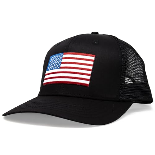 American Flag Trucker Baseball Snapback Hat (All Black) - International Tie