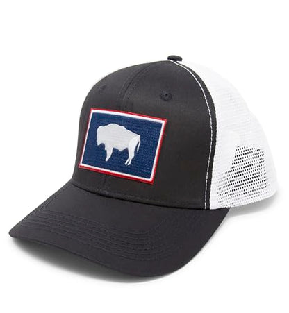 Wyoming Flag Trucker Baseball Snapback Hat (Black White) - International Tie