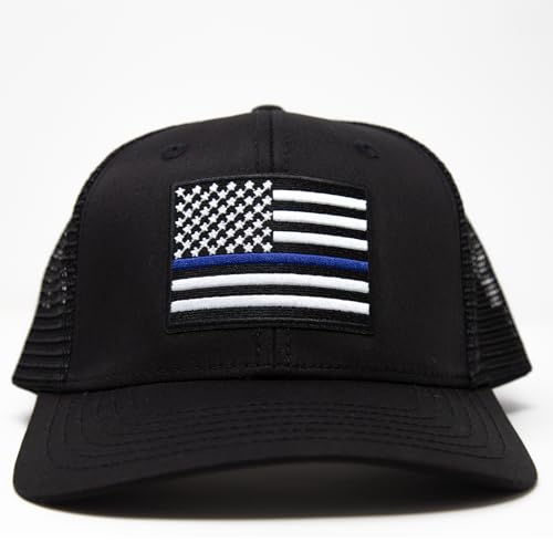 Thin Blue Line Flag Trucker Baseball Snapback Hat (All Black) - International Tie