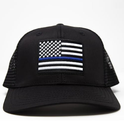 Thin Blue Line Flag Trucker Baseball Snapback Hat (All Black) - International Tie