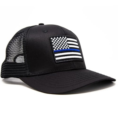 Thin Blue Line Flag Trucker Baseball Snapback Hat (All Black) - International Tie