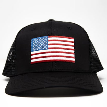 American Flag Trucker Baseball Snapback Hat (All Black) - International Tie