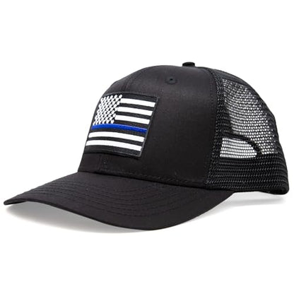 Thin Blue Line Flag Trucker Baseball Snapback Hat (All Black) - International Tie