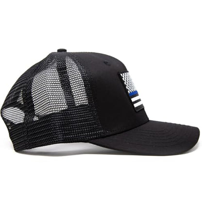 Thin Blue Line Flag Trucker Baseball Snapback Hat (All Black) - International Tie