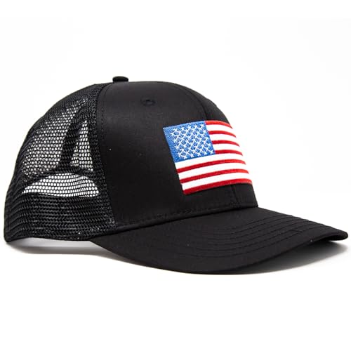 American Flag Trucker Baseball Snapback Hat (All Black) - International Tie