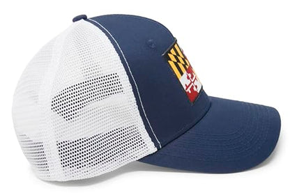 Maryland Flag Trucker Baseball Snapback Hat (Navy White) - International Tie