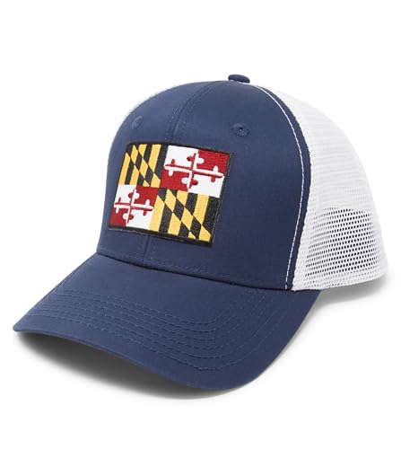 Maryland Flag Trucker Baseball Snapback Hat (Navy White) - International Tie