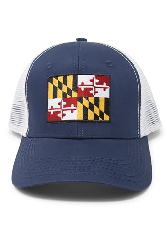 Maryland Flag Trucker Baseball Snapback Hat (Navy White) - International Tie