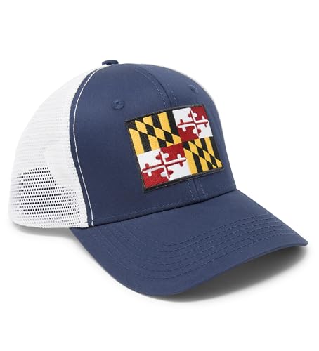 Maryland Flag Trucker Baseball Snapback Hat (Navy White) - International Tie