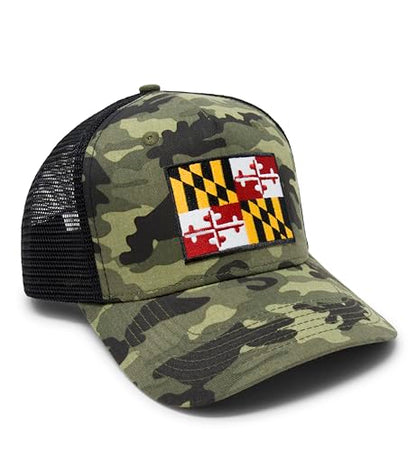 Maryland Flag Trucker Baseball Snapback Hat (Camouflage) - International Tie