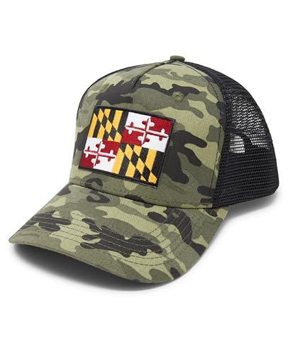 Maryland Flag Trucker Baseball Snapback Hat (Camouflage) - International Tie