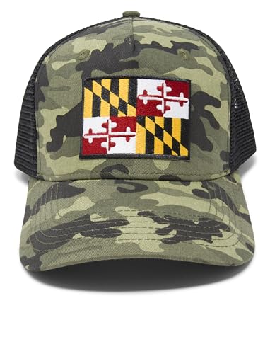 Maryland Flag Trucker Baseball Snapback Hat (Camouflage) - International Tie