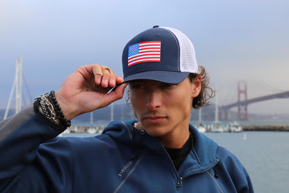 American Flag Trucker Baseball Snapback Hat (Navy White) - International Tie