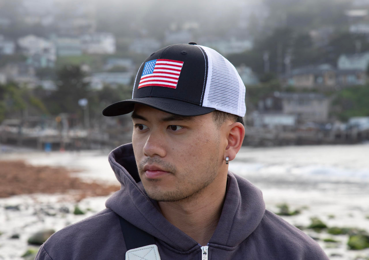 American Flag Trucker Baseball Snapback Hat (Black White) - International Tie