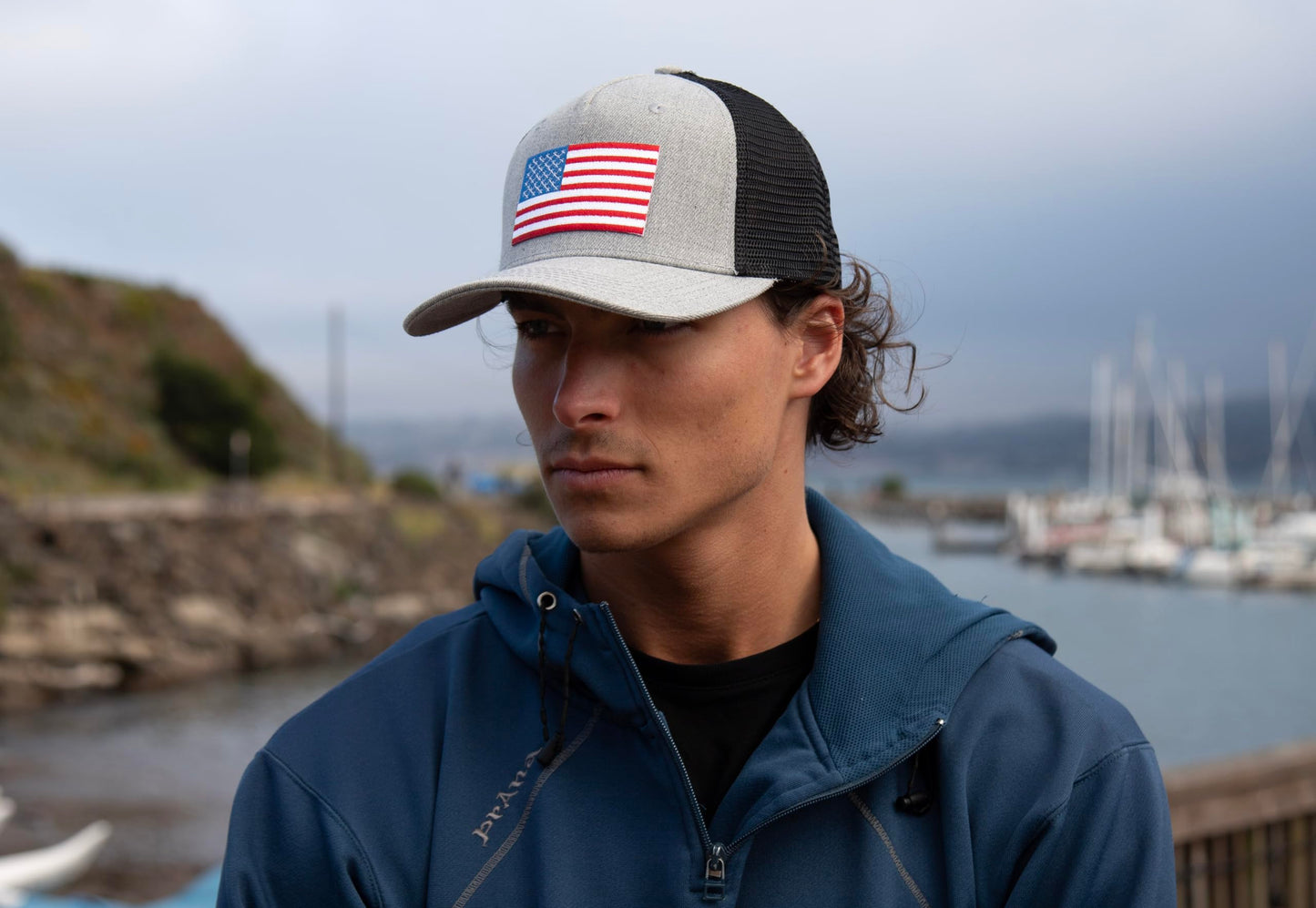 American Flag Trucker Baseball Snapback Hat (Grey Black) - International Tie