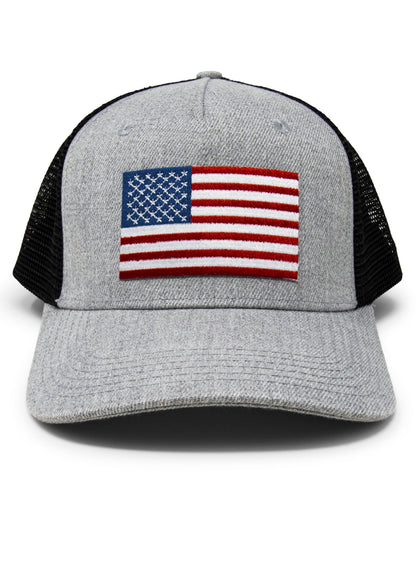 American Flag Trucker Baseball Snapback Hat (Grey Black) - International Tie