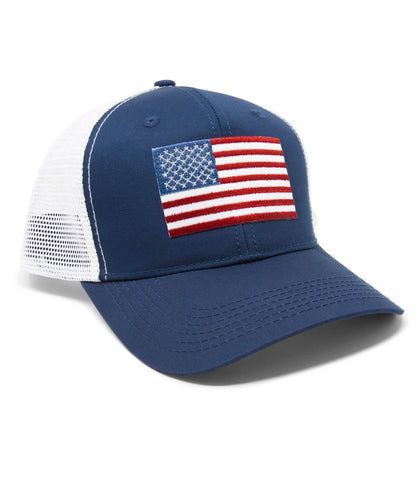 American Flag Trucker Baseball Snapback Hat (Navy White) - International Tie