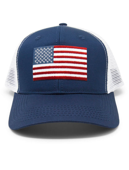 American Flag Trucker Baseball Snapback Hat (Navy White) - International Tie