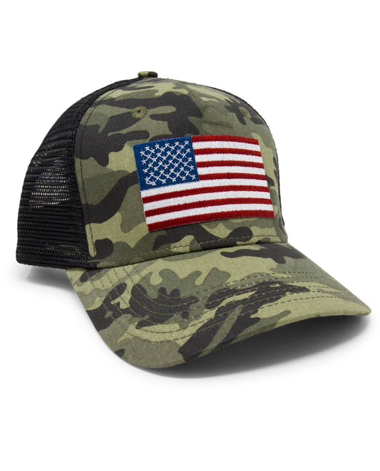 American Flag Trucker Baseball Snapback Hat (Camouflage) - International Tie