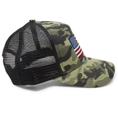 American Flag Trucker Baseball Snapback Hat (Camouflage) - International Tie