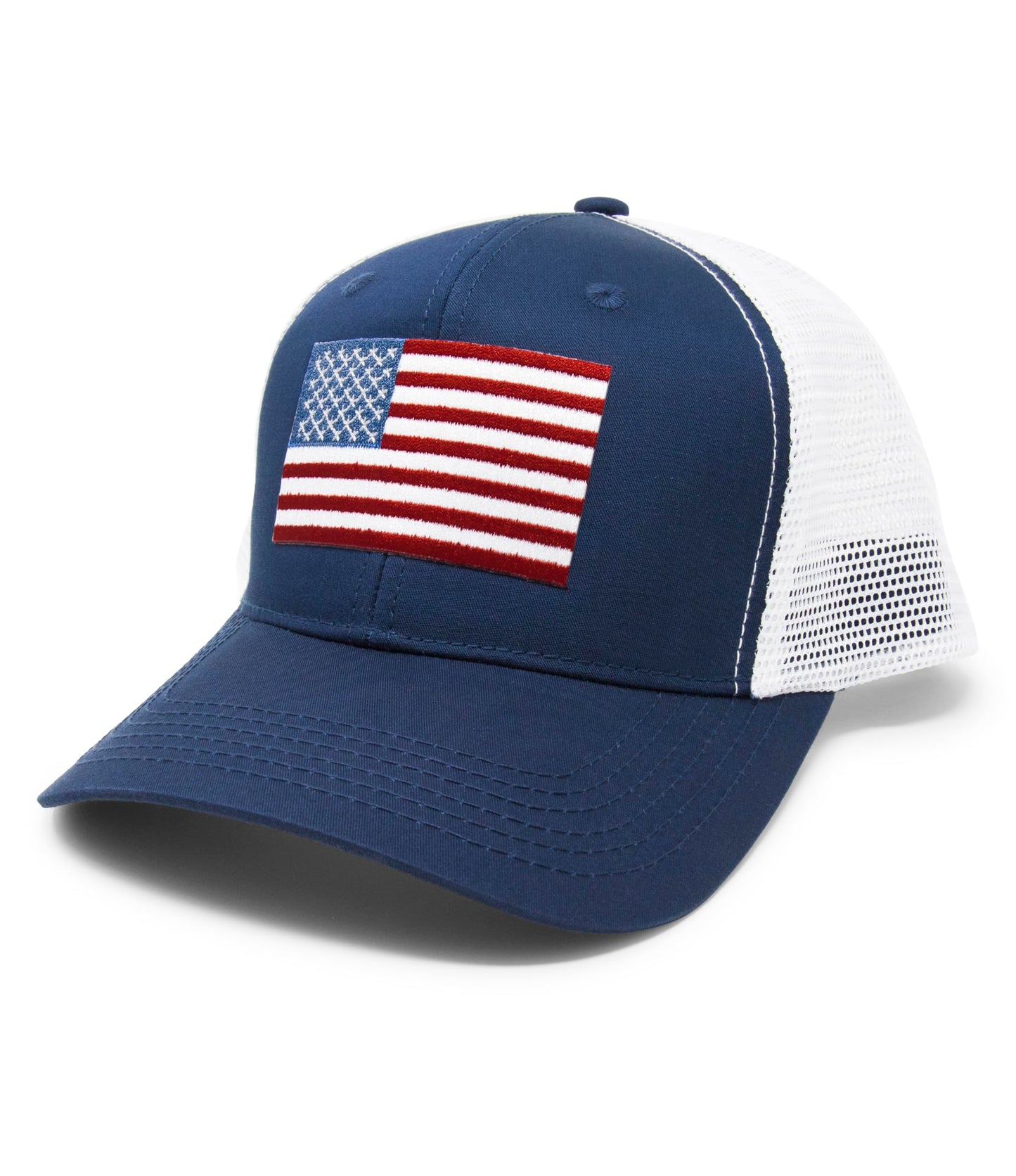 American Flag Trucker Baseball Snapback Hat (Navy White) - International Tie