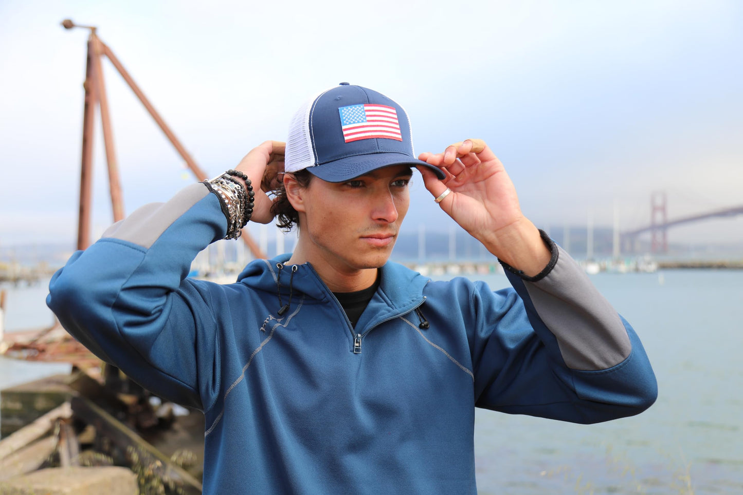 American Flag Trucker Baseball Snapback Hat (Navy White) - International Tie