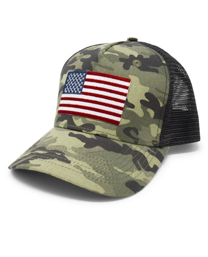 American Flag Trucker Baseball Snapback Hat (Camouflage) - International Tie