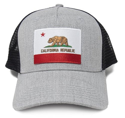 California  Flag Trucker Baseball Snapback Hat (Grey Black) - International Tie