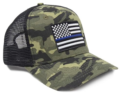 Thin Blue Line Flag Trucker Baseball Snapback Hat (Camouflage) - International Tie