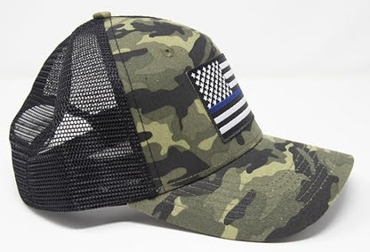 Thin Blue Line Flag Trucker Baseball Snapback Hat (Camouflage) - International Tie