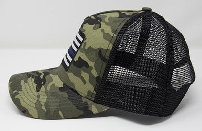 Thin Blue Line Flag Trucker Baseball Snapback Hat (Camouflage) - International Tie