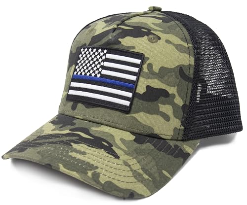 Thin Blue Line Flag Trucker Baseball Snapback Hat (Camouflage) - International Tie