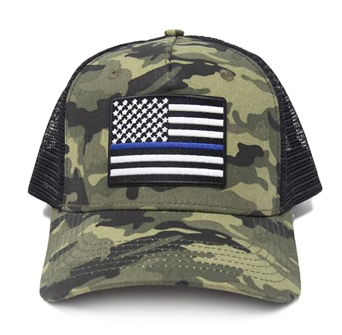 Thin Blue Line Flag Trucker Baseball Snapback Hat (Camouflage) - International Tie