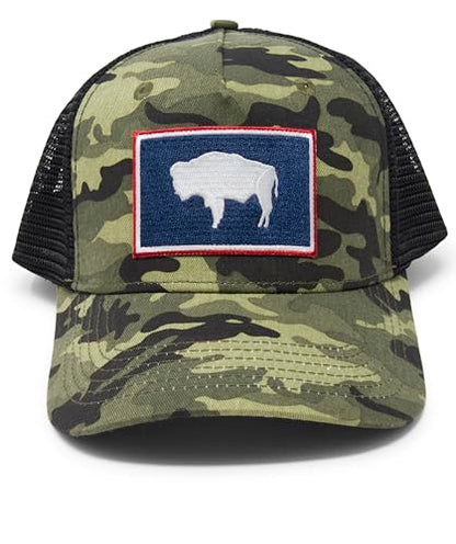 Wyoming Flag Trucker Baseball Snapback Hat (Camouflage) - International Tie