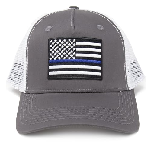 Thin Blue Line Flag Trucker Baseball Snapback Hat (Grey White) - International Tie