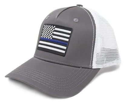 Thin Blue Line Flag Trucker Baseball Snapback Hat (Grey White) - International Tie