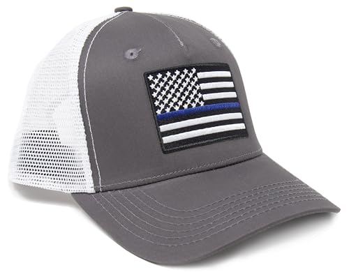 Thin Blue Line Flag Trucker Baseball Snapback Hat (Grey White) - International Tie