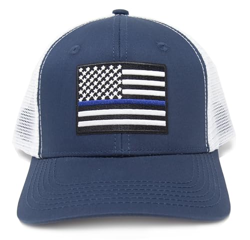 Thin Blue Line Flag Trucker Baseball Snapback Hat (Navy White) - International Tie