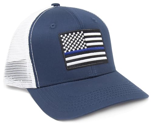 Thin Blue Line Flag Trucker Baseball Snapback Hat (Navy White) - International Tie